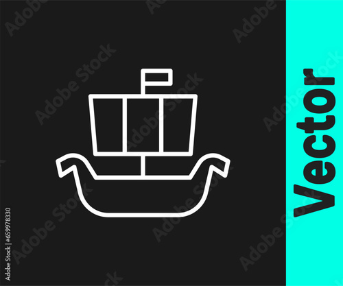 White line Ancient viking scandinavian drakkar icon isolated on black background. Viking transport ship. Vector
