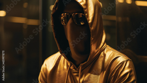 Hacker with gold hoodie, anonymous bitcoin creator. Illustration of anonymous. Generative ai tool used. photo
