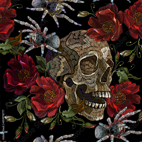 Embroidery gothic skull and red roses, tarantula spider seamless pattern. Medieval style. Halloween background. Clothes template and t-shirt design. Dark art