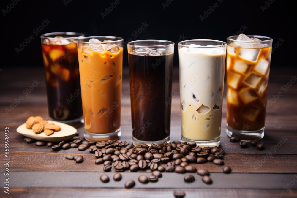 an assortment of cold brewed coffees with different flavorings