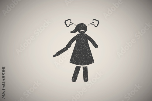 Angry, scorn, woman icon vector illustration in stamp style