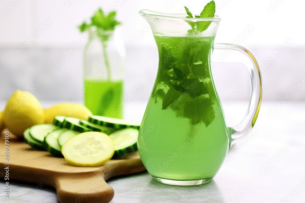 pitcher of cucumber and mint water with a ladle pitcher of cucumber and mint water with a ladle