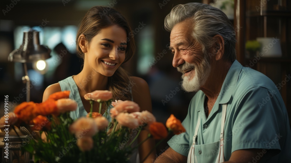 Portrait of middle aged male doctor and young attractive female patient with a bouquet of flowers. Confident and experienced clinician in blue uniform communicates with a patient in medical facility.