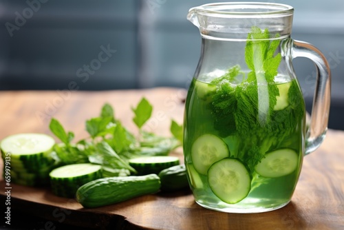 clear pitcher filled with cucumber and mint water on a glossy table