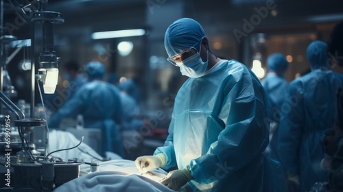 Diverse team of professional medical surgeons perform surgery in the operating room using high-tech equipment. Male doctor in foreground working to save patient in a modern hospital. Modern medicine. photo