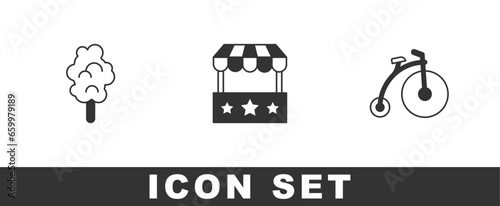 Set Cotton candy, Ticket box office and Vintage bicycle icon. Vector