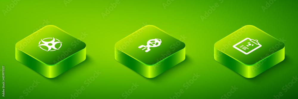 Set Isometric Nuclear bomb, Radiation warning document and Biohazard symbol icon. Vector Set Isometric Nuclear bomb, Radiation warning document and Biohazard symbol icon. Vector