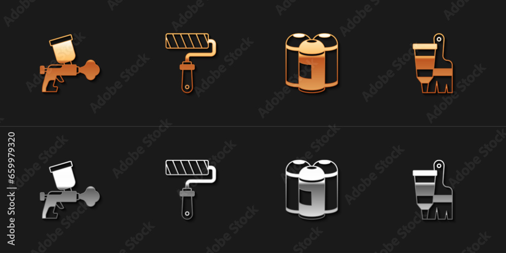 Set Paint spray gun, roller brush, can and Tube with paint and icon. Vector