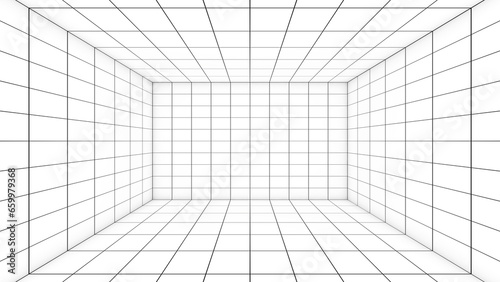 Fototapeta Naklejka Na Ścianę i Meble -  A grid of lines in an empty, white room serves as a visual cue. ,a space with a distance-measuring grid , a grid view,3d rendering