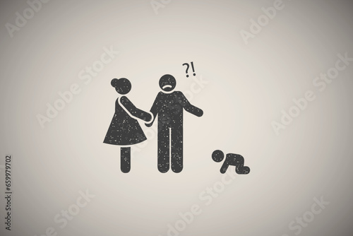 Baby, child, father, crying, mother icon vector illustration in stamp style