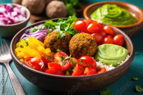 a close up of a vibrant falafel bowl with tomato salsa