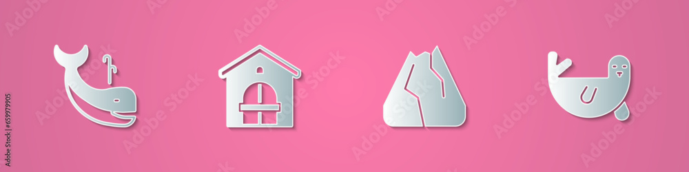 Set paper cut Whale, Farm house, Mountains and Fur seal animal icon. Paper art style. Vector