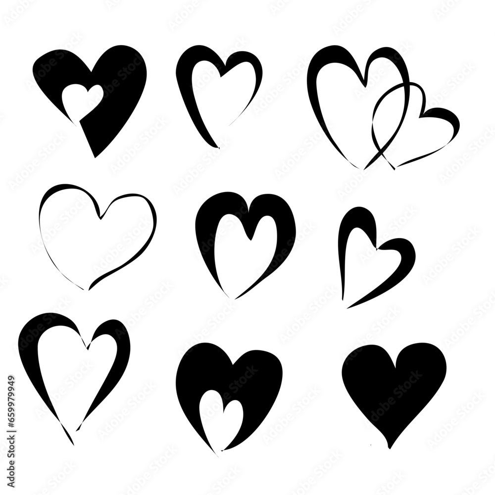 Vector set of hearts drawn by hand with a black pencil on a white background