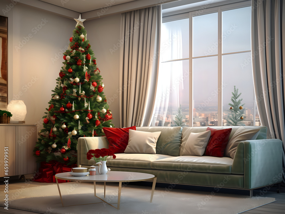 living room with christmas tree