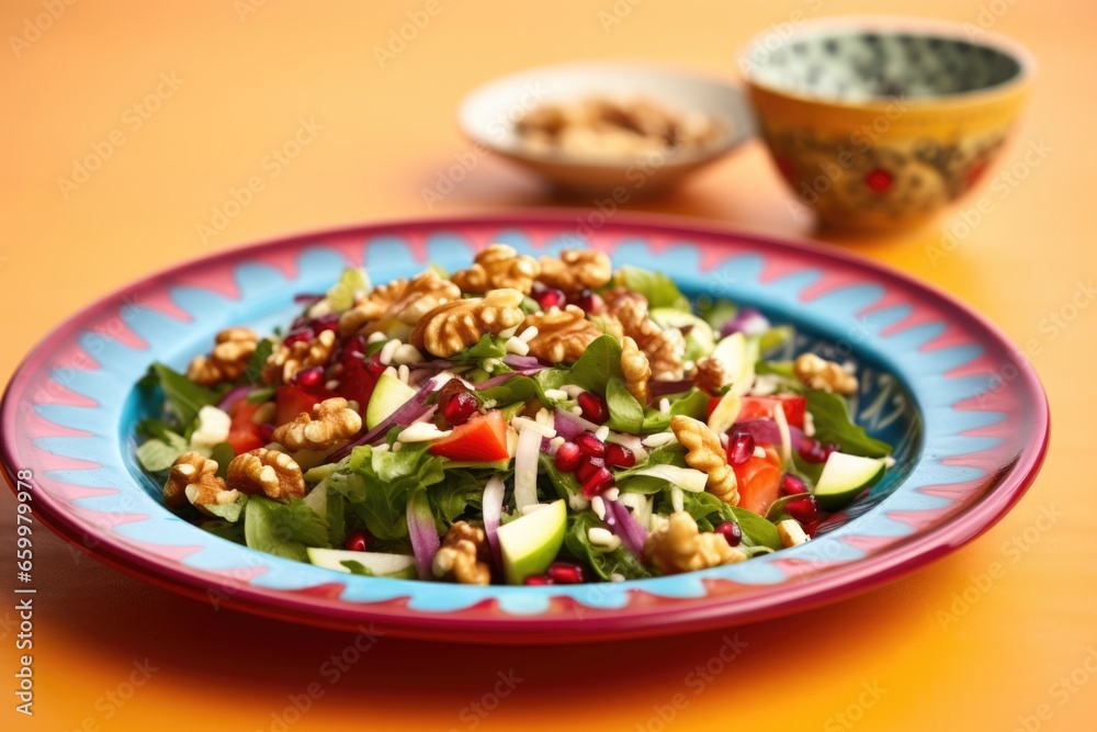 fig and walnut salad on a brightly colored plate fig and walnut salad on a brightly colored plate