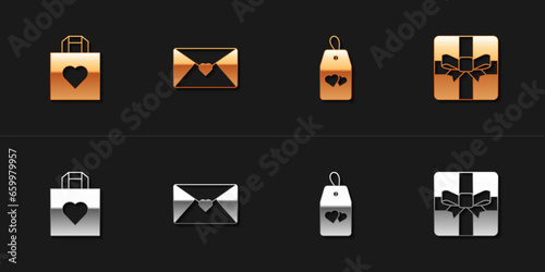 Set Shopping bag with heart, Envelope Valentine, Please do not disturb and Gift box icon. Vector