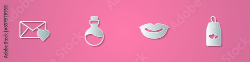 Set paper cut Envelope with Valentine heart, Bottle love potion, Smiling lips and Please do not disturb icon. Paper art style. Vector