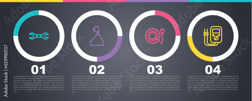 Set line Wrench spanner, Gear shifter, Tire pressure gauge and Multimeter. Business infographic template. Vector