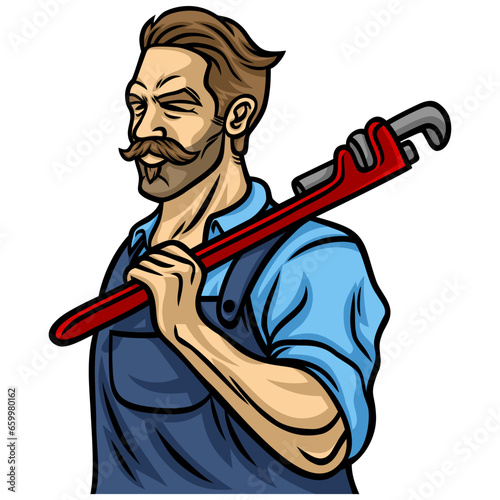 Cool Plumber Holding Wrench Mascot Design Vector