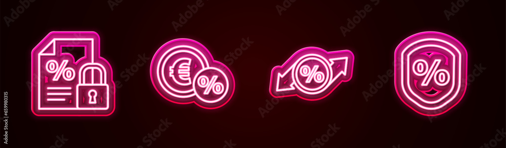 Set line Finance document and lock, Money coin with percent, Discount tag and Loan. Glowing neon icon. Vector Set line Finance document and lock, Money coin with percent, Discount tag and Loan. Glowing neon icon. Vector