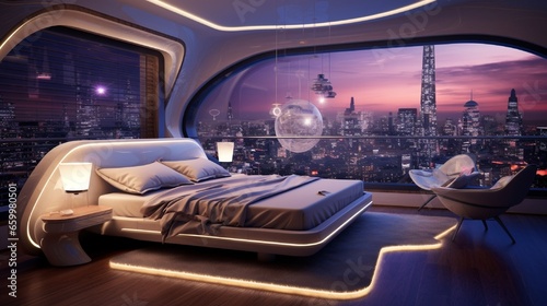 Craft a futuristic luxury bedroom with a floating bed, holographic decor, and a panoramic view of a bustling futuristic cityscape.