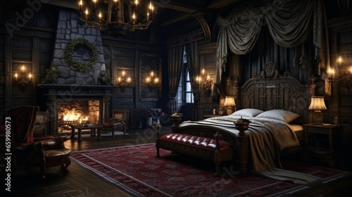 Craft a highland castle-inspired luxury bedroom with a grand four-poster bed, rich tapestries, and views of a misty moat and ancient walls.