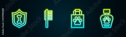 Set line Animal health insurance, Pets vial medical, Shopping bag pet and shampoo. Glowing neon icon. Vector