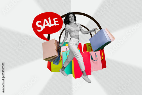 Full body collage of running with bargains cheap bags eco recyclable packages shopping addiction girl sale day isolated on gray background