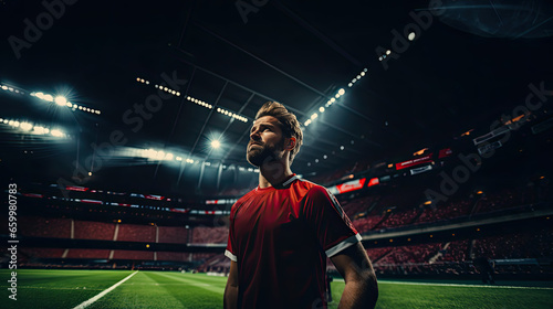 professional soccer player celebrating a victory under the stadium lights, cinematic color light, low angle shot,  training for the world cup © kiddsgn