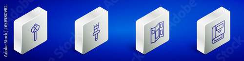 Set Isometric line Stone age hammer, Torch flame, Museum guide brochure and History book icon. Vector