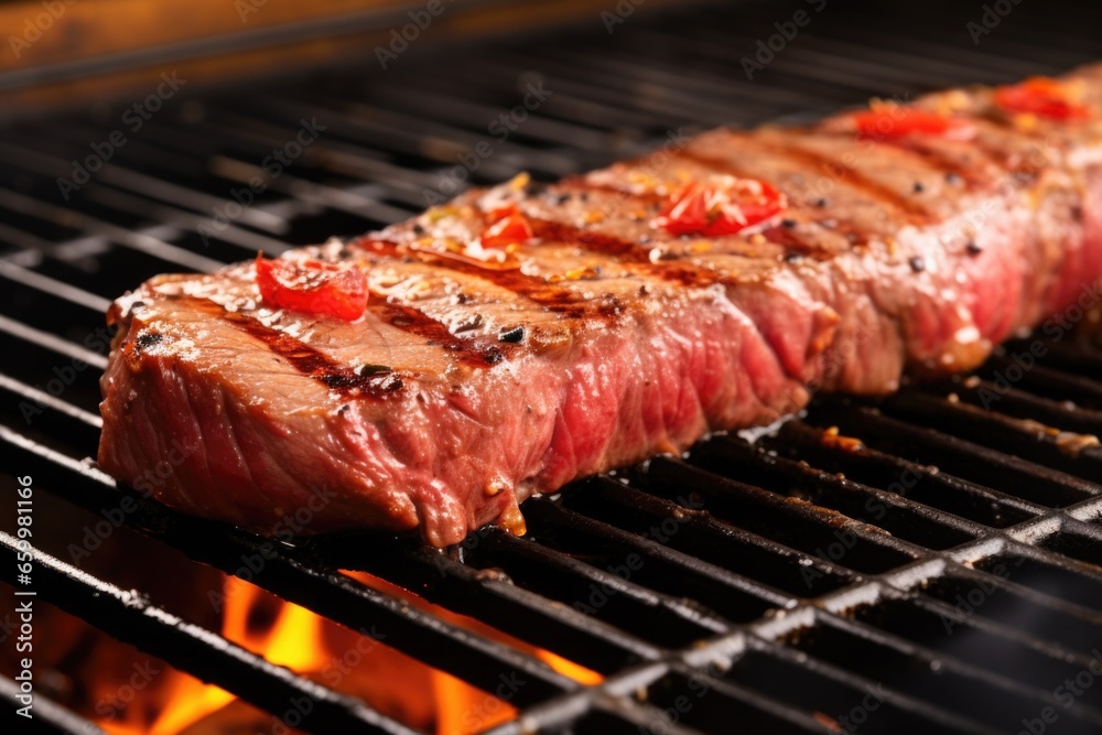 raw steak with marinade on a hot grill