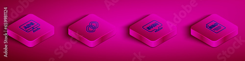 Set Isometric line Advertising, Chain link, Social media marketing and SEO optimization icon. Vector