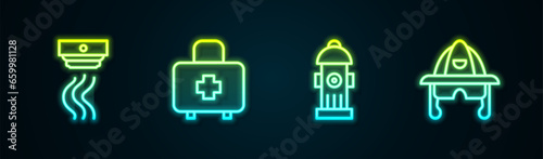 Set line Smoke alarm system, First aid kit, Fire hydrant and Firefighter helmet. Glowing neon icon. Vector