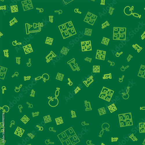 Set line Test tube flask on fire, Genetically modified apple and Periodic table on seamless pattern. Vector