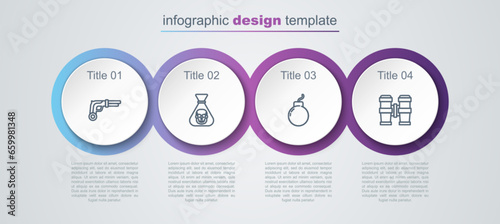Set line Vintage pistols, Pirate coin, Bomb ready explode and Binoculars. Business infographic template. Vector