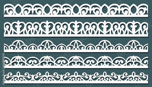 Collection seamless borders for design. Black lace silhouette isolated on white background. Suitable for laser cutting. Vector illustration.