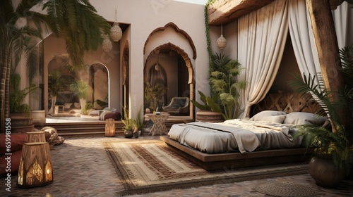 Create a desert oasis luxury bedroom with earthy tones, Moroccan-style decor, and a private courtyard with a soothing fountain.
