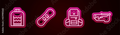 Set line Christmas sweater, Snowboard, Hiking backpack and Biathlon rifle. Glowing neon icon. Vector