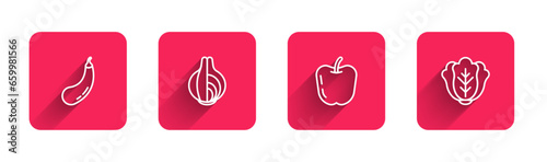 Set line Eggplant, Onion, Apple and Cabbage with long shadow. Red square button. Vector