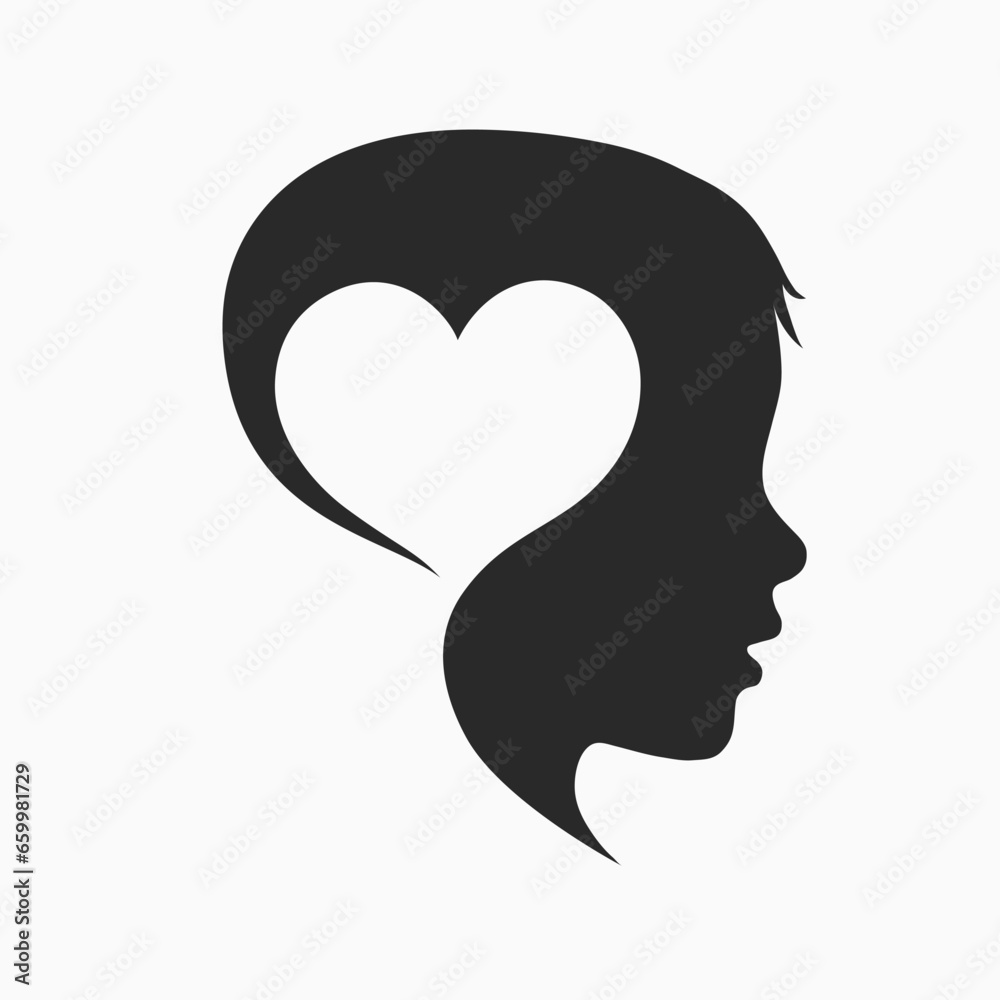 Vector silhouette icon design for logos: combining child face and heart shape. Psychology and childcare concept. Vector silhouette icon design with heart shape.