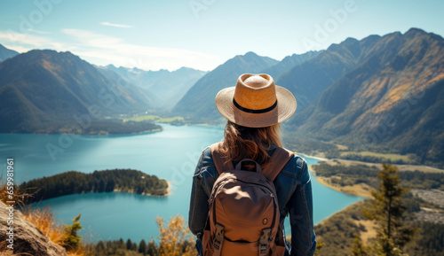 Traveler woman look at the mountain lake. Travel and active life concept photo