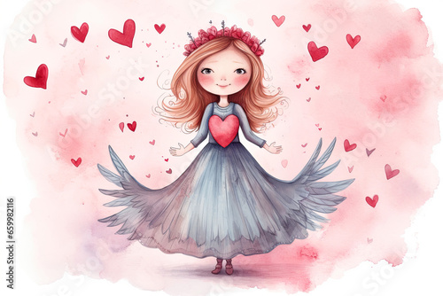 Cute little princess with heart. Watercolor illustration on white background photo