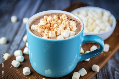 mini marshmallows floating on hot chocolate in a blue mug