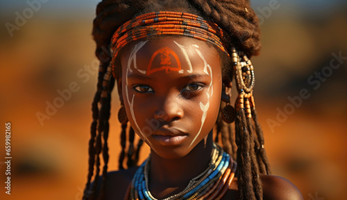  children from an African tribe, half naked, with cultural tattoos, makeup, cosmetics. African ethnic groups