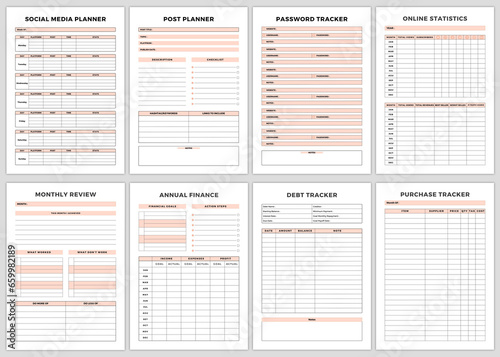 Minimalist planner pages templates.Social Media Planner,Post planner,Password Tracker,Online Statistics,Monthly Review,Annual Finance,Debt Tracker,Purchase Tracker,