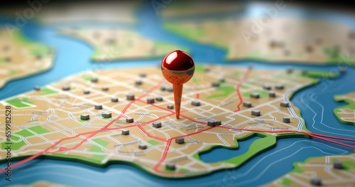3D Map travel location. Locator mark of map and location pin or navigation icon sign on background with search. 3D rendering 