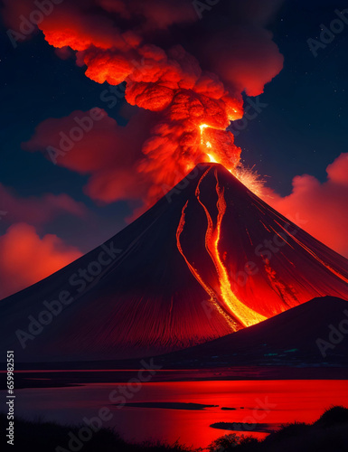 A fiery volcano erupting amidst a moonlit night  casting a vivid glow on the surrounding landscape and painting the sky with vibrant hues of red and orange.