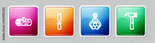 Set line Wooden logs, Chisel tool, Grapple crane grabbed a and Hammer. Colorful square button. Vector