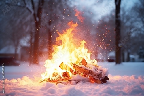 roaring bonfire casting light on thick snowfall
