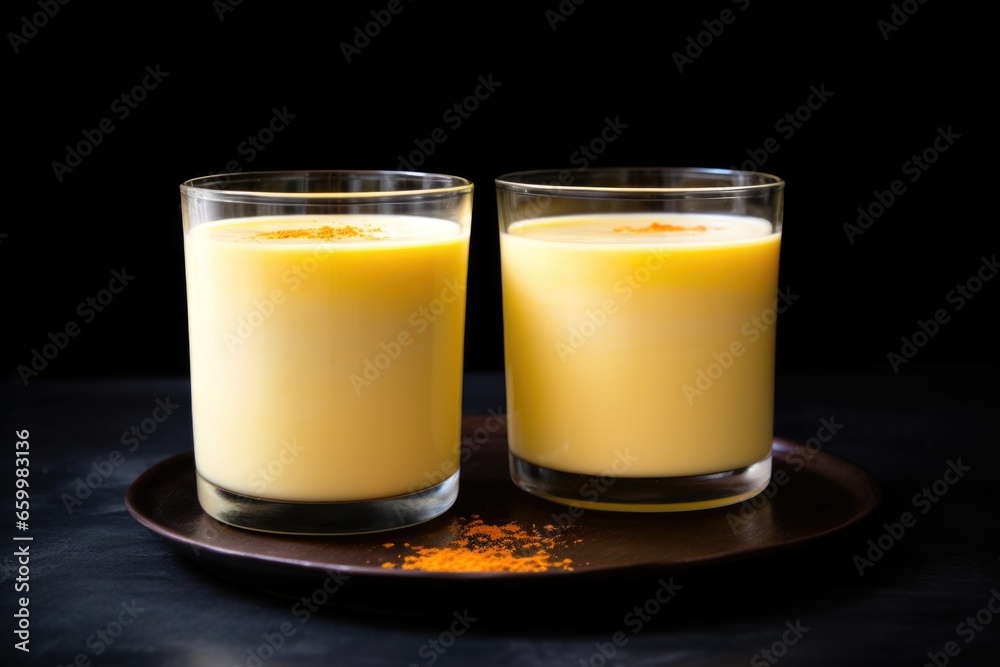 two mesmerizing glasses of thick mango lassi on a black surface two mesmerizing glasses of thick mango lassi on a black surface